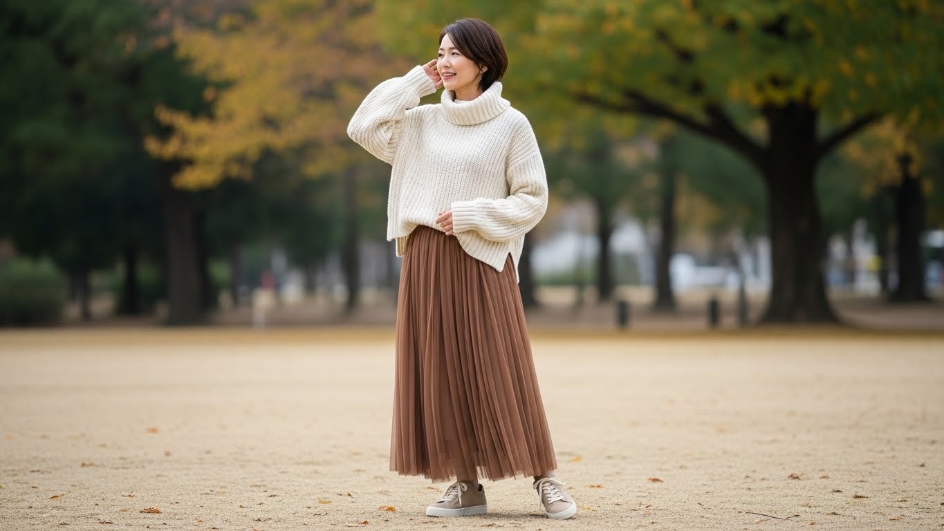 ざっくりタートルニットと異素材ミックスを楽しむ