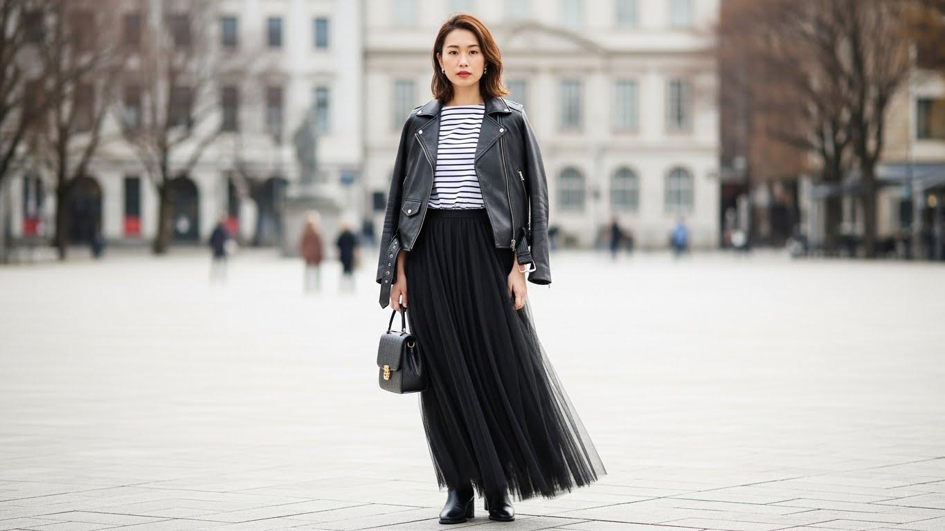 ライダースジャケットで甘辛ミックスに仕上げる